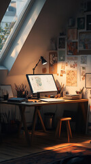 Wall Mural - Cozy and Stylish Digital Artist Studio with Creative Inspirations  