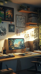 Poster - Cozy and Stylish Digital Artist Studio with Creative Inspirations  