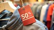 © stockpro - Clothing sale tag showing 50% off discount in retail environment