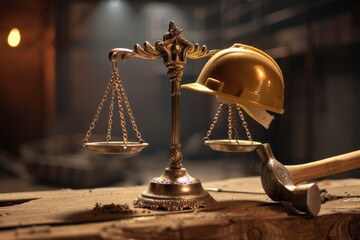 A golden hard hat is placed on one side of a legal scale while a hammer lies close by, symbolizing the connection between law and construction work.