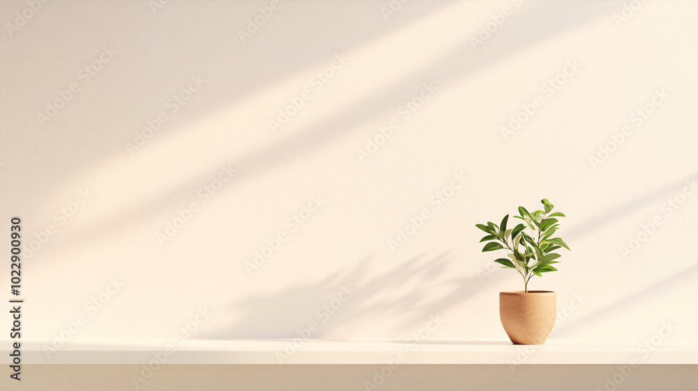 Minimalist houseplant in a simple clay pot on a sleek, white shelf ...