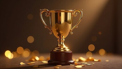 Wall Mural - golden trophy cup with confetti on bokeh background