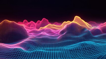 Poster - Abstract wave-like digital landscape with vibrant colors and a grid structure.