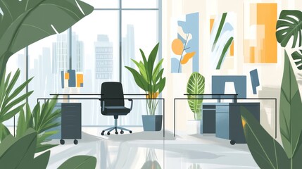 Wall Mural - A modern office space with plants and large windows, promoting a productive environment.