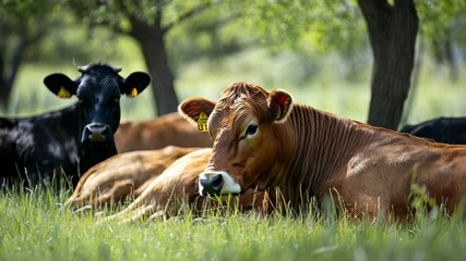 Poster - A cow is laying in the grass next to another cow