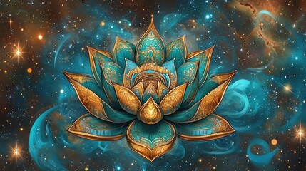 Sticker - A vibrant lotus flower design set against a cosmic background, symbolizing peace and spirituality.