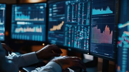 Poster - A man is working on a computer with three monitors displaying financial data
