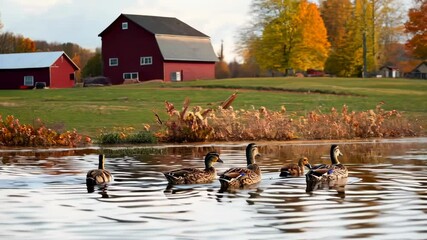 Poster - A group of ducks are swimming in a pond near a barn