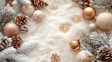 Cozy soft white rug adorned with festive Christmas ornaments and pinecones. Generative AI.