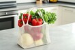 © Nazmi - Reusable shopping bags filled with fresh vegetables, soft natural light, eco-friendly kitchen background.