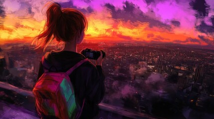 Wall Mural - A person with a camera admires a vibrant sunset over a cityscape.