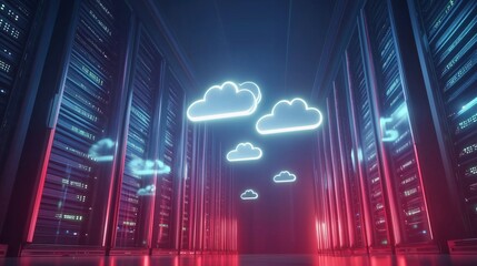 Poster - Cloud computing servers with neon lights and digital clouds