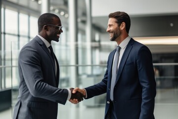 Wall Mural - African businessmen shaking hands standing smiling office.