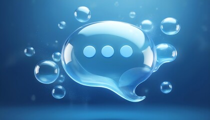 Poster - A vibrant, transparent chat bubble surrounded by water droplets, symbolizing communication and digital messaging in a refreshing context.