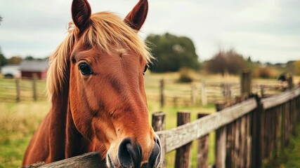 Poster - A brown horse is standing in front of a wooden fence