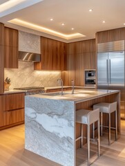 Wall Mural - Modern kitchen featuring sleek cabinets, marble countertop, stylish bar stools, and contemporary appliances for elegant cooking.