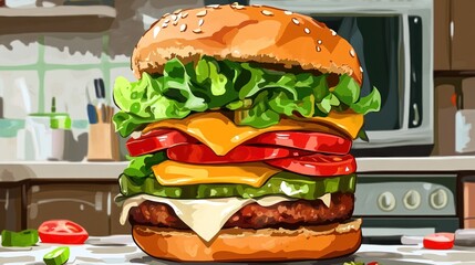 Sticker - A colorful, appetizing burger stacked with lettuce, cheese, tomato, and pickles.