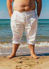 Poster - Fat man wearing white pants summer shorts beach.