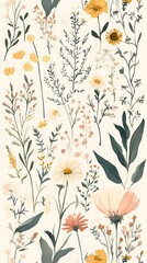  Vintage botanical illustration pattern, vintage wildflowers and herbs, muted pastel colors, cream background