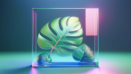 Poster - A vibrant display featuring a lush green leaf encased in a translucent cube, illuminated by colorful, soft lighting.