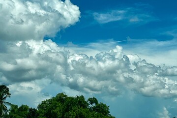 A bunch of cumulonimbus cloud in a sunny day with the blue sky background