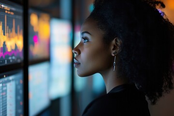 Poster - Focused woman analyzing data on multiple computer screens.