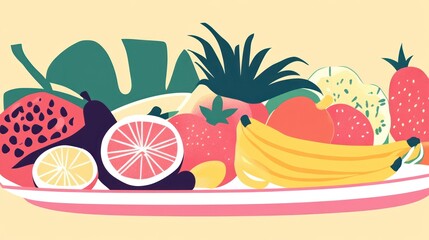 Wall Mural - A vibrant illustration of assorted fruits arranged on a platter.