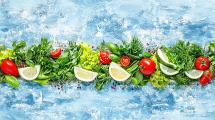 Wall Mural - A vibrant arrangement of fresh vegetables and herbs on a textured blue background.