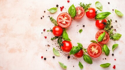 Poster - A vibrant arrangement of tomatoes and basil on a textured background, ideal for culinary use.