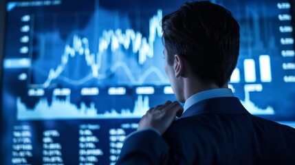 Aufkleber - A man is looking at a computer screen with a lot of numbers and graphs