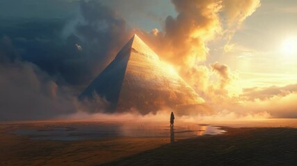 Poster - Lone businessman is standing in the shallow water of a vast shoreline looking towards a giant glowing pyramid, symbolizing the concept of wealth and financial success