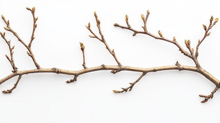 A close-up of a bare tree branch with buds on a white background.