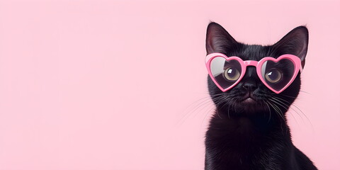 Cute black kitten in pink glasses in the shape of hearts on a pink background. Copyspace banner. Valentine's Day card, wedding invitation, congratulations, copyspace banner