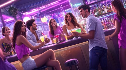 Sticker - A lively bar scene with friends enjoying colorful cocktails and vibrant nightlife.