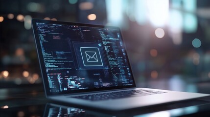 Poster - Laptop displaying email interface with code background and blurred lights