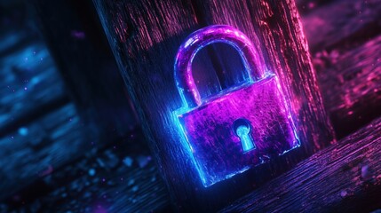 Poster - Colorful lock on wooden surface, glowing in neon blue and pink hues