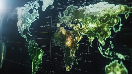 Poster - Illuminated world map with green and gold highlights, showcasing geographical features
