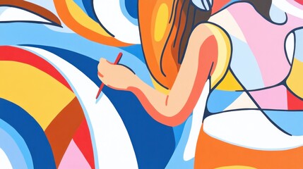 Poster - A colorful mural depicting a person painting, showcasing vibrant abstract shapes and colors.