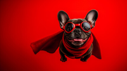 Wall Mural - Flying cool french bulldog wearing goggle and red cloak studio shot on red and orange background. Fantasy funny animal concept .