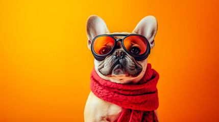 Wall Mural - Flying cool french bulldog wearing goggle and red cloak studio shot on red and orange background. Fantasy funny animal concept .