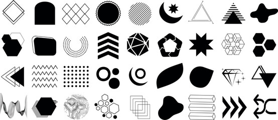 Wall Mural - Geometric shapes, abstract symbols, vector icons, black and white patterns, creative designs, line art, modern shapes, minimalistic elements for graphic design, diverse abstract figures