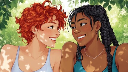 Poster - Two friends with curly and braided hair smiling at each other in a sunlit, leafy setting.