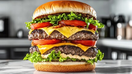 Poster - A towering cheeseburger stacked with lettuce, tomatoes, and multiple beef patties.