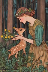 Wall Mural - A young woman in a forest, gently touching a fawn.