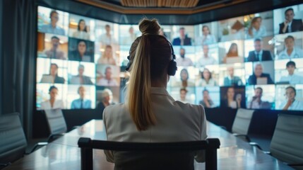 Poster - The woman is wearing a white jacket and is looking at the screen