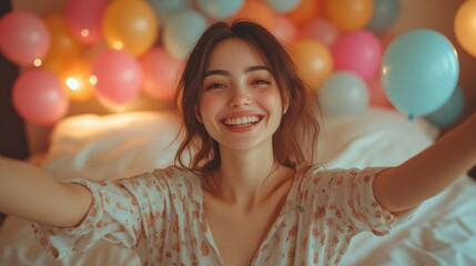 Smiling young woman surrounded by colorful balloons in a festive setting