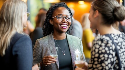 Wall Mural - A woman engages in conversation at a social event, holding a drink and smiling.