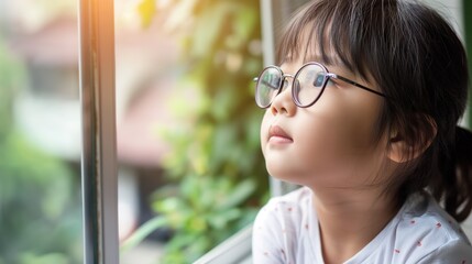 Young child wearing blue glasses focusing on distant tree outside window, symbolizing myopia prevention and importance of outdoor activities.