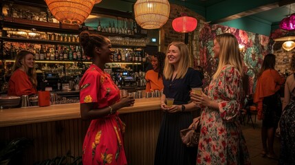 Sticker - Women socializing at a vibrant bar with colorful decor and drinks in hand.