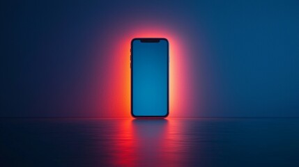 Poster - Smartphone with its blue screen is standing on a reflective surface and illuminated by a red light, creating a colorful reflection